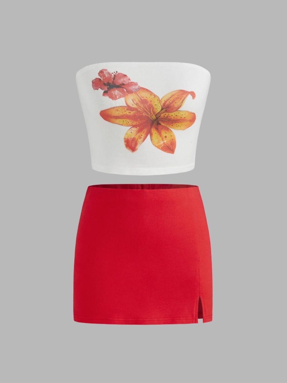 Cider Cotton-blend Floral Crop Tube Top & Mid Rise Solid Split Mini Skirt Set